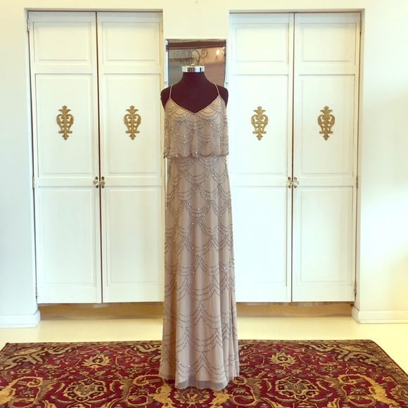 beaded chiffon blouson dress Jasmine Beaded Blouson Gown With Sheer Short Sleeves In Dusty Blue main image 0